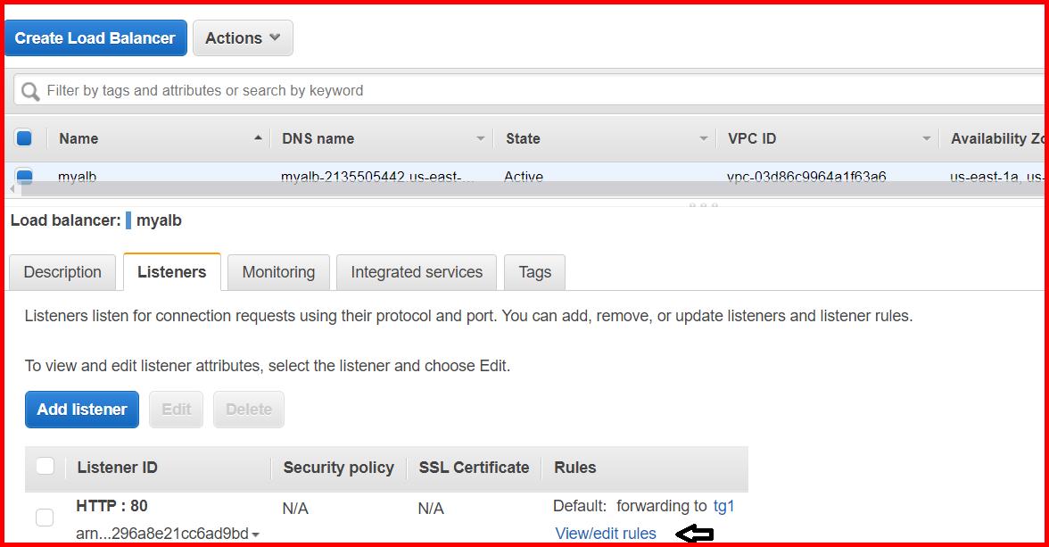 Picture showing the View/edit rules link inside the Listeners tab